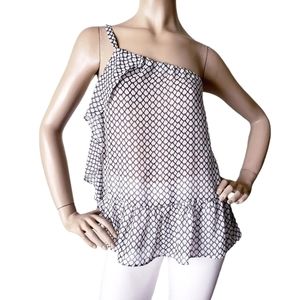 Depri Black & White One Shoulder Chiffon Chainlink Ruffle Blouse